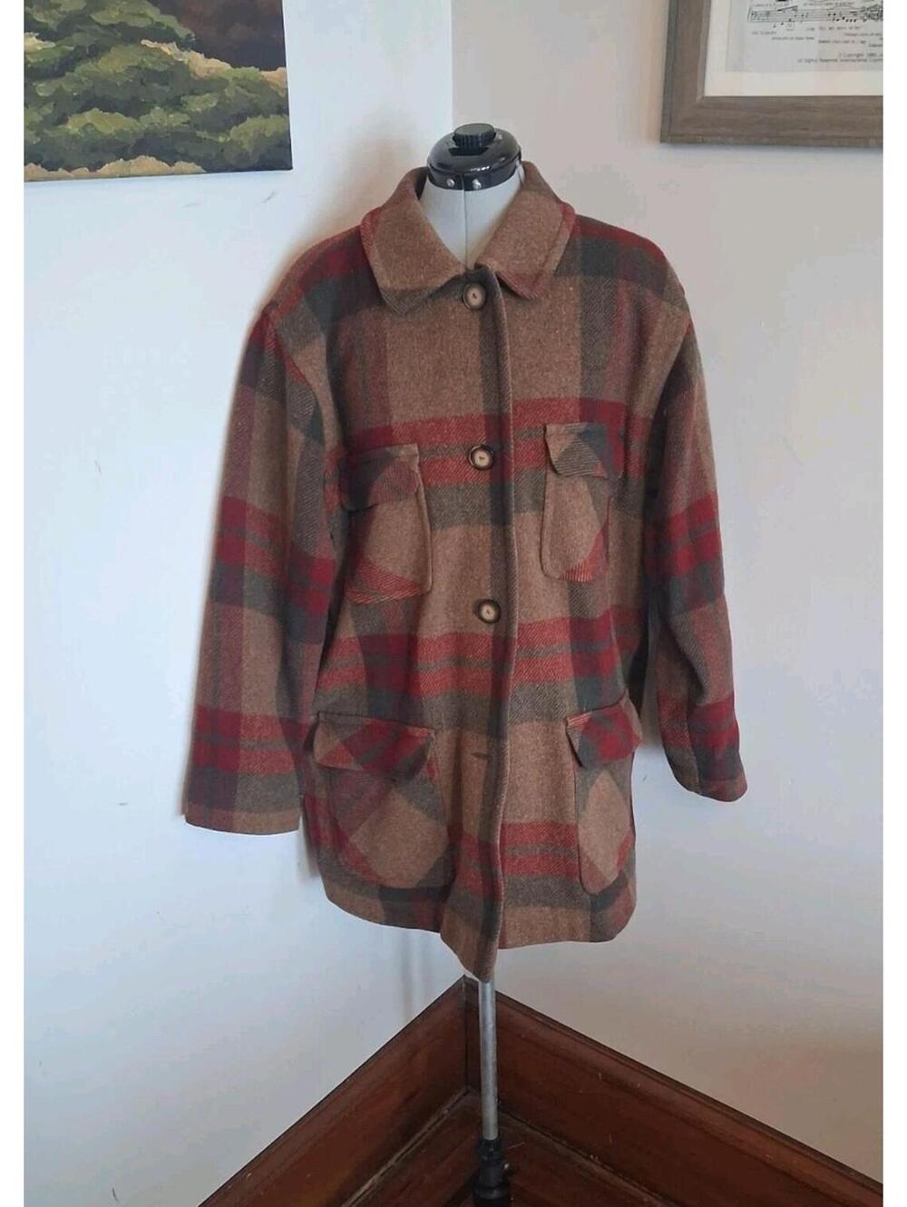 Eddie Bauer Wool Coat, Womens Large Plaid Lined Coat Missing Button